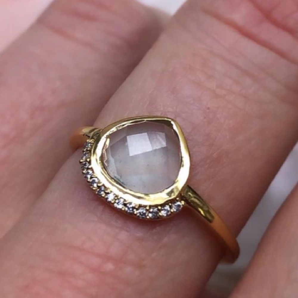 Rose Cut Milky Aquamarine Athena Shield Ring